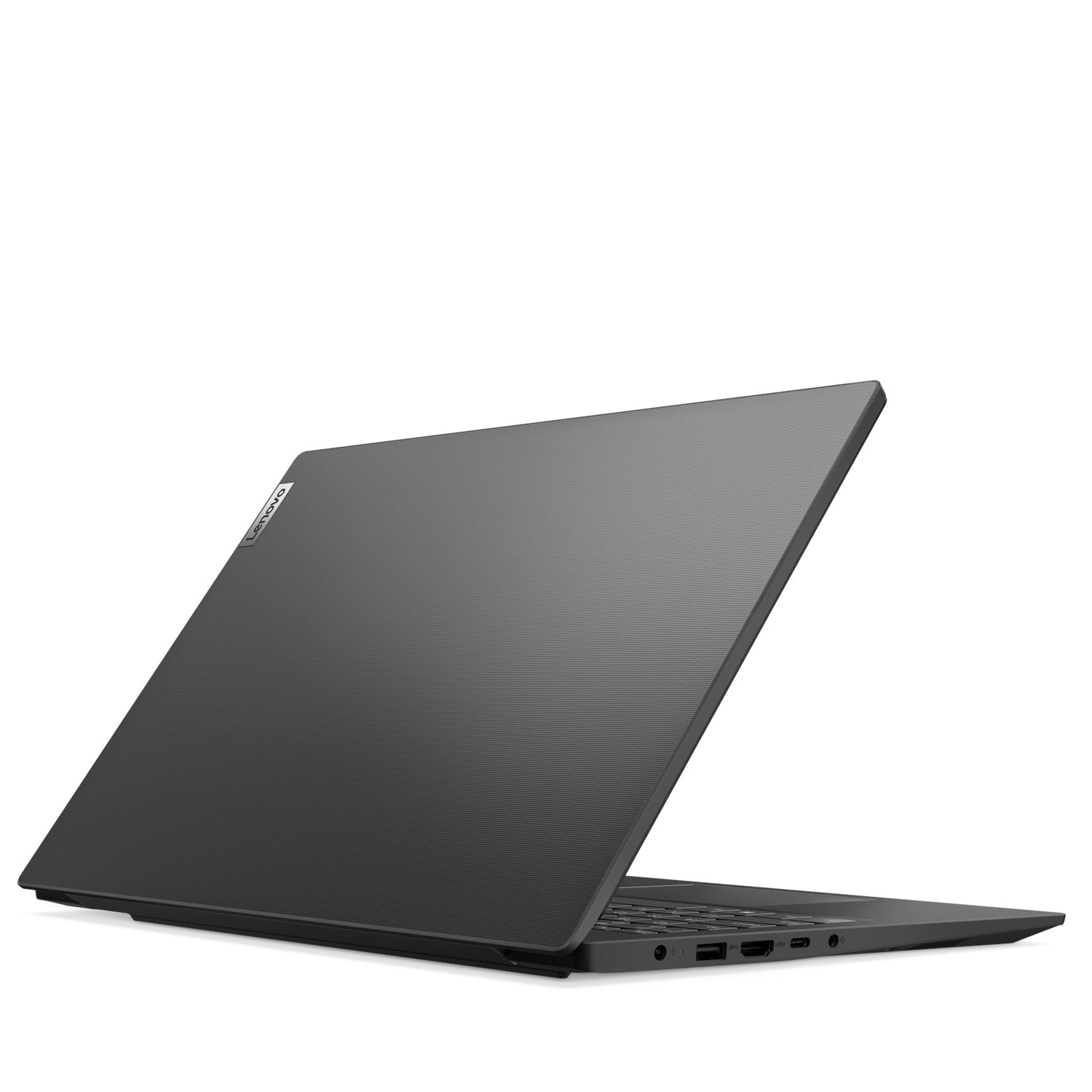 Yan taraftan görünen, kapalı koyu renkli Lenovo logolu dizüstü bilgisayar.
