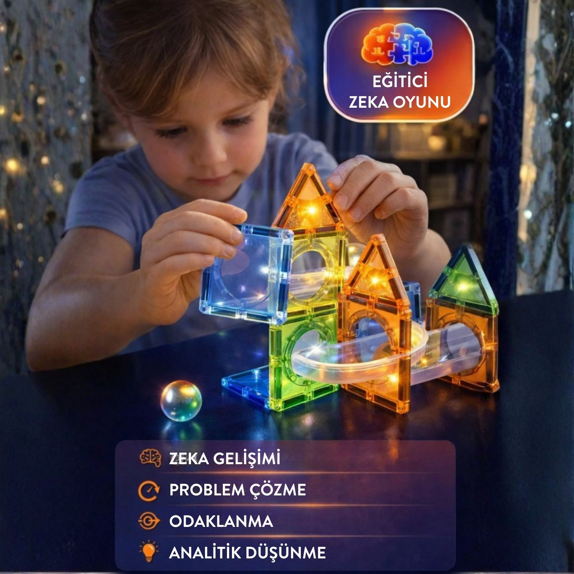 Bir çocuk renkli manyetik yapı taşlarıyla bir bilye parkuru yapıyor.