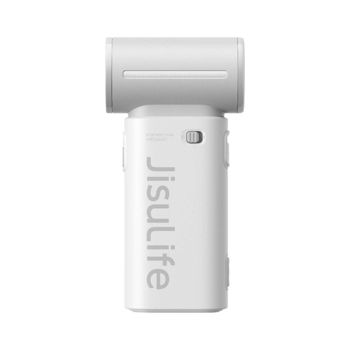 Ein weißer Handventilator mit dem Logo 'Jisulife' und der Aufschrift 'Portable Fan Specialist'.