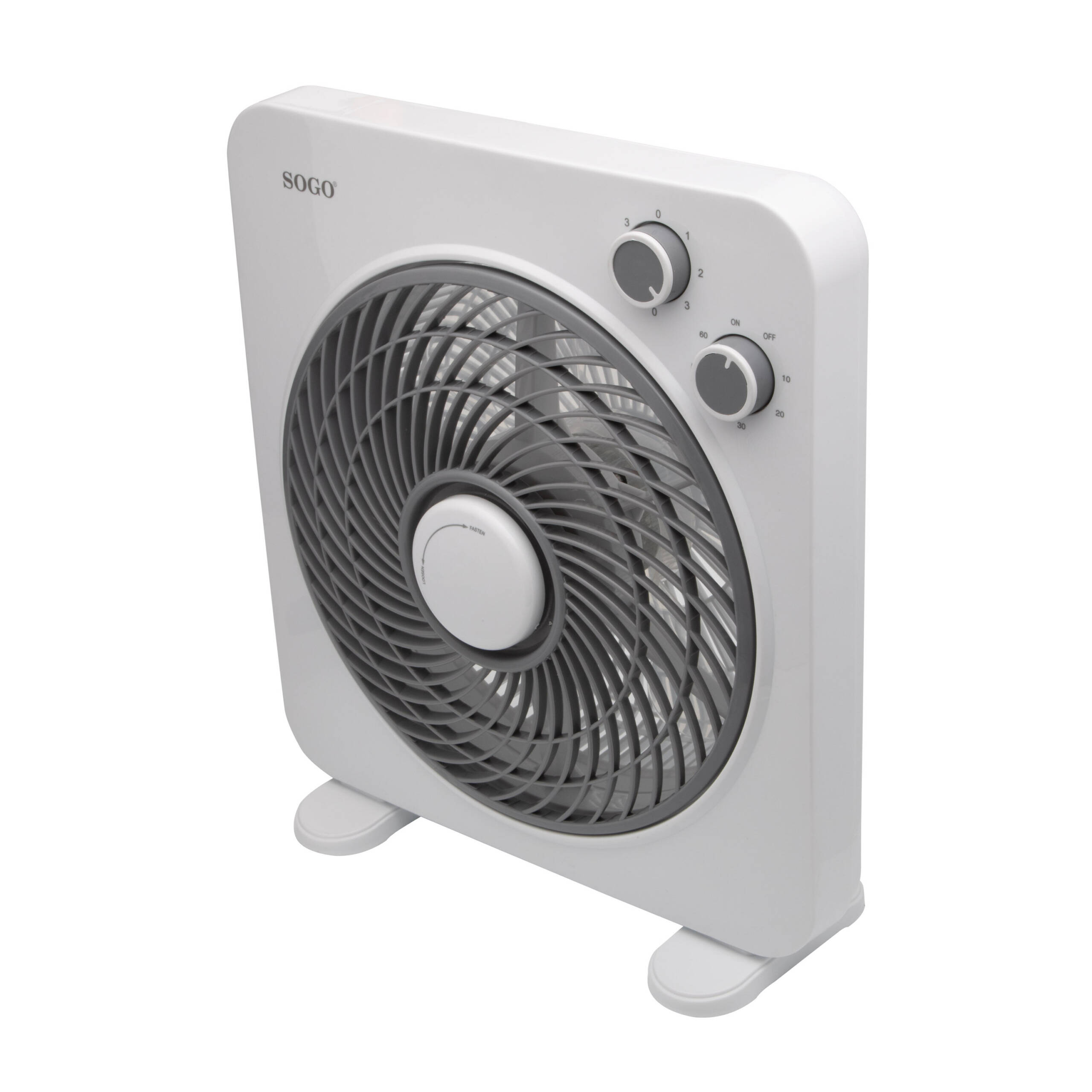 Un ventilatore bianco a scatola con pale e manopole di controllo grigie.