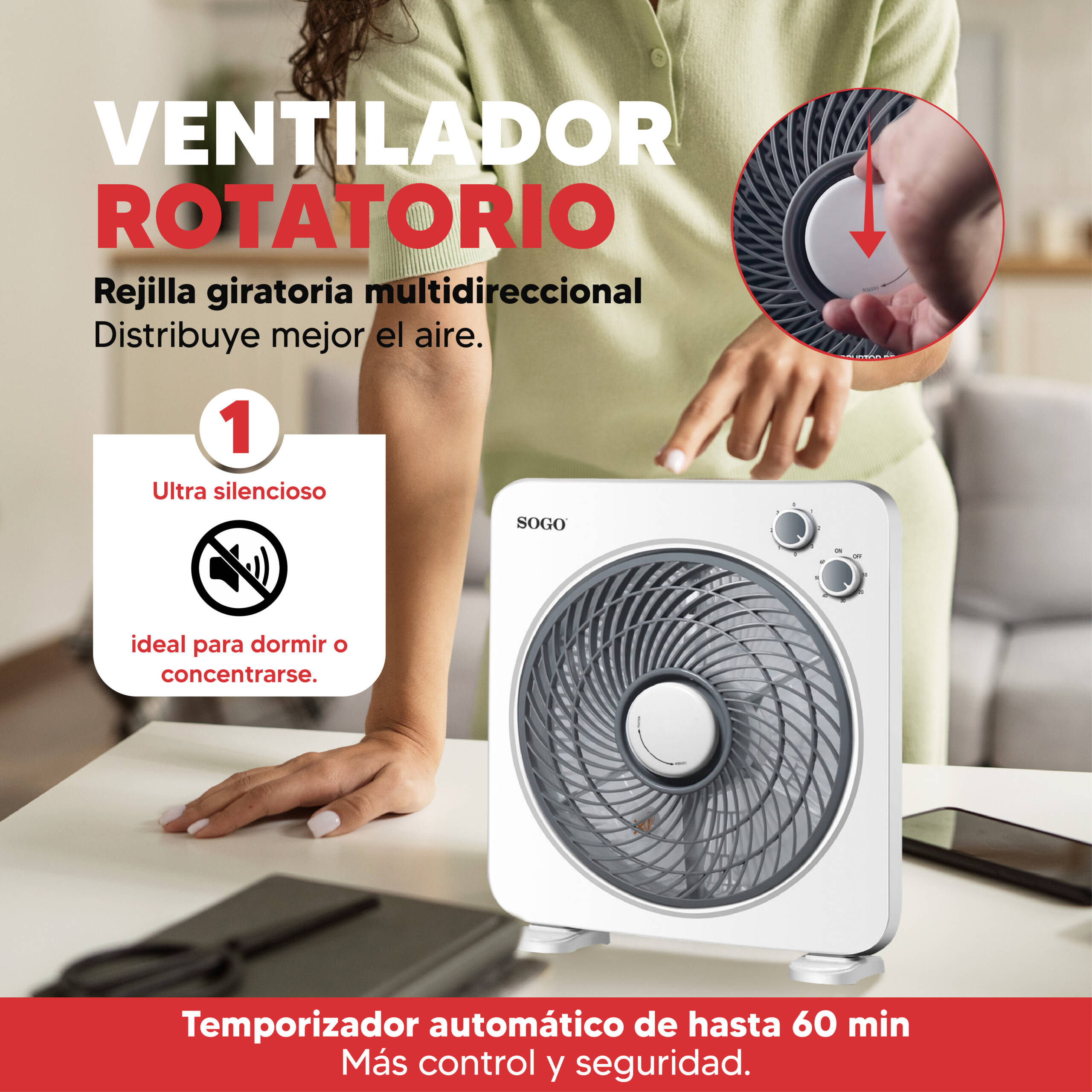 Un ventilatore bianco è su un tavolo. Una mano lo sta regolando.