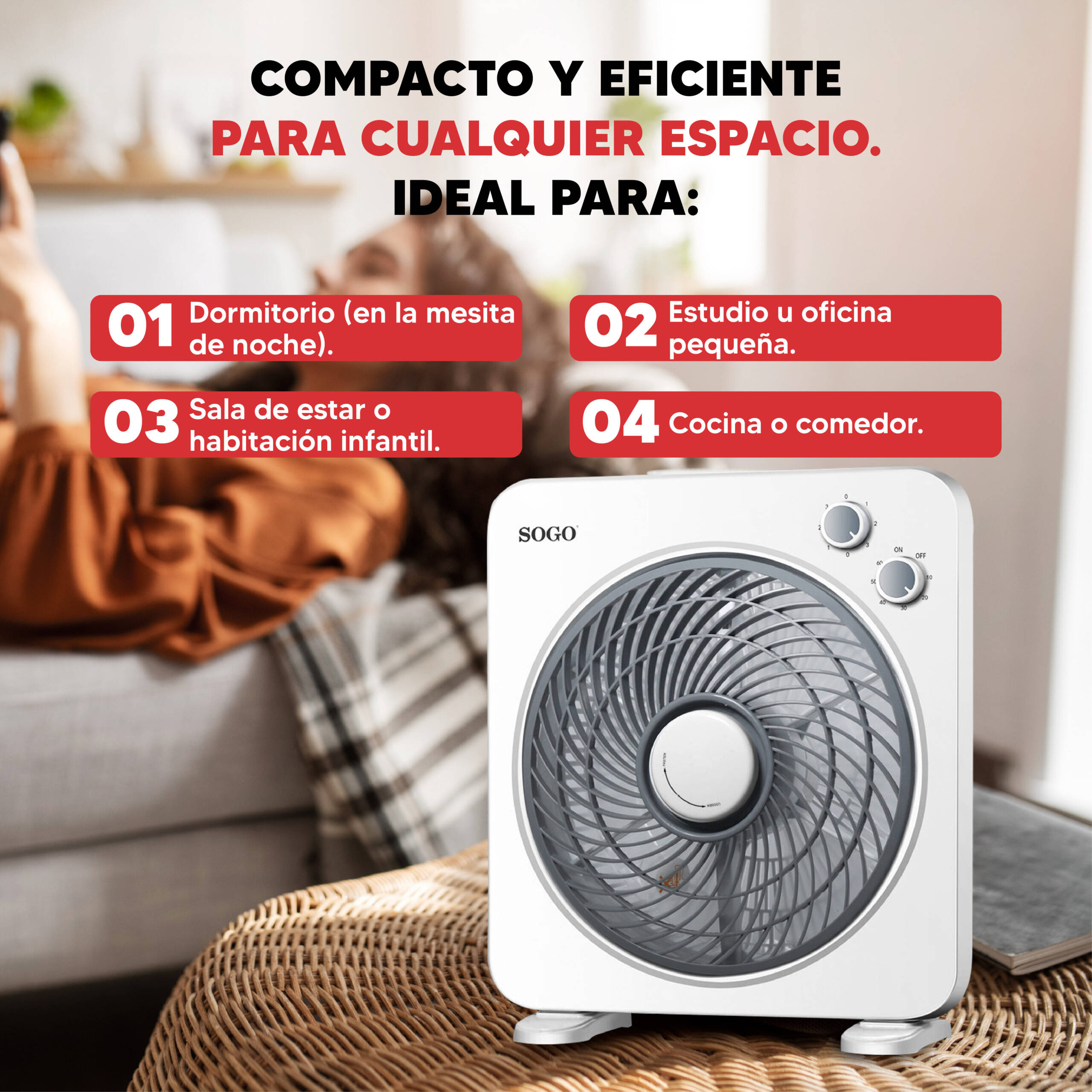 Ventilatore bianco su tavolo in rattan. Testo sopra elenca stanze.