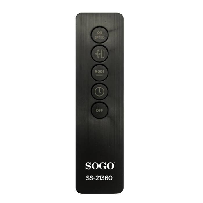 Telecomando Sogo nero con pulsanti ON/SPEED, +D, MODE, timer e OFF.