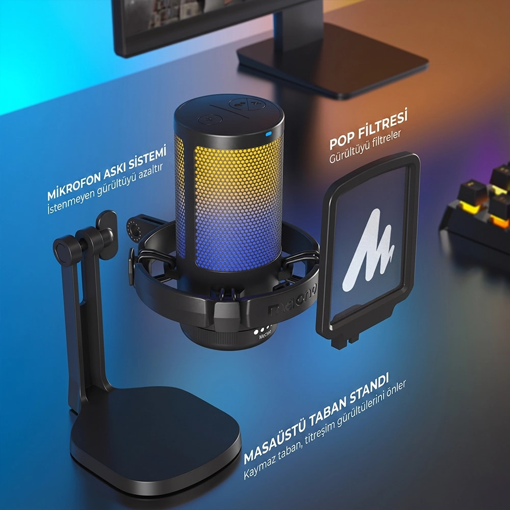 Masaüstü standı, pop filtresi ve monitörlü bir mikrofon.