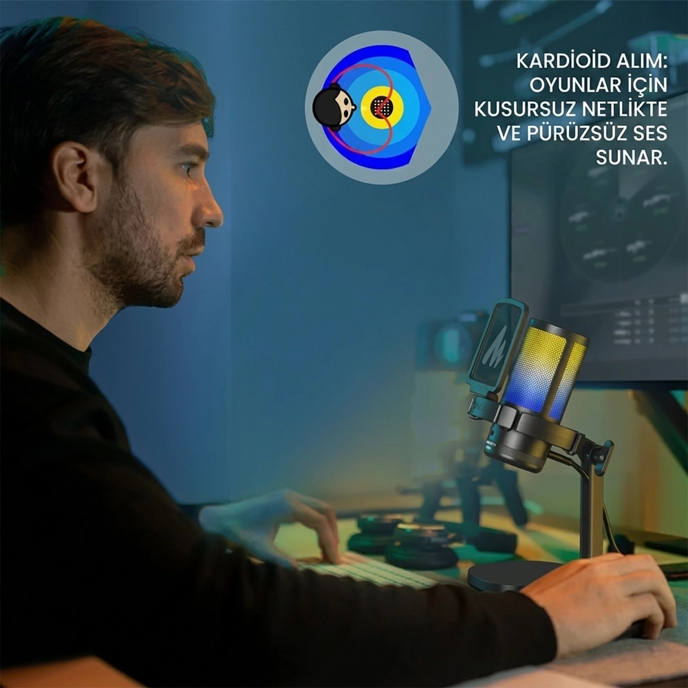 Adam masasında mikrofon ve kardioid alım paterni diyagramı ile.