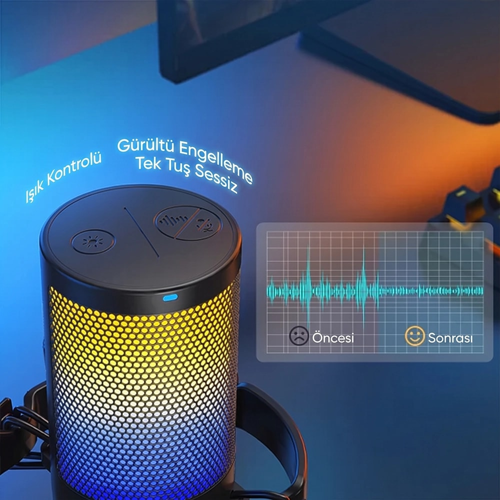 RGB aydınlatmalı, gürültü engelleme ve ışık kontrol özellikli siyah mikrofon.