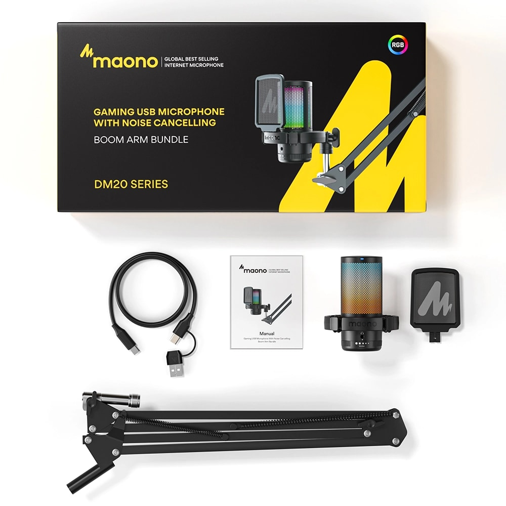 Maono DM20 oyun mikrofonu paketi: mikrofon, bom kolu, USB kablosu, kılavuz, pop filtre.