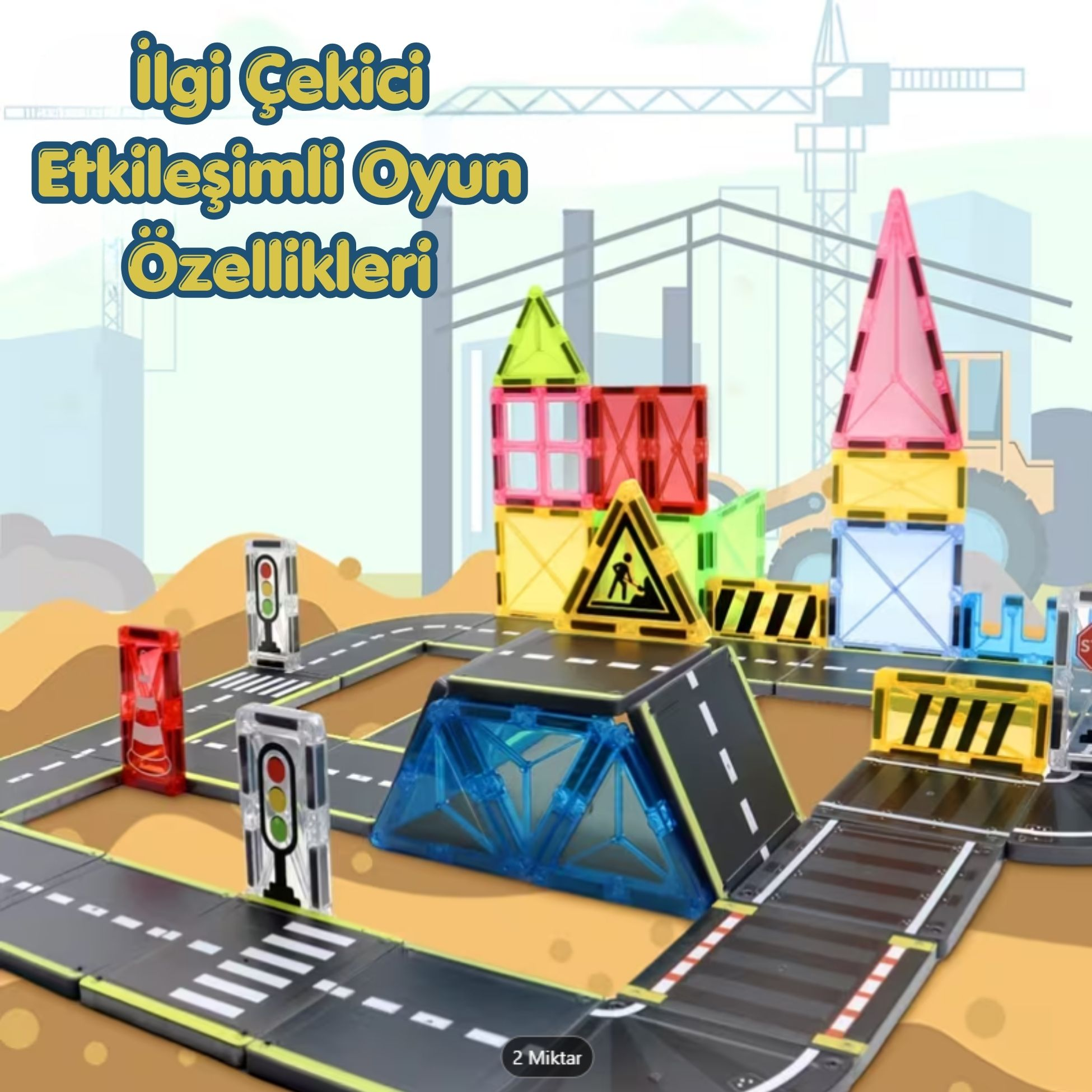 Renkli manyetik bloklardan yapılmış oyuncak yol, trafik ışıklarıyla.