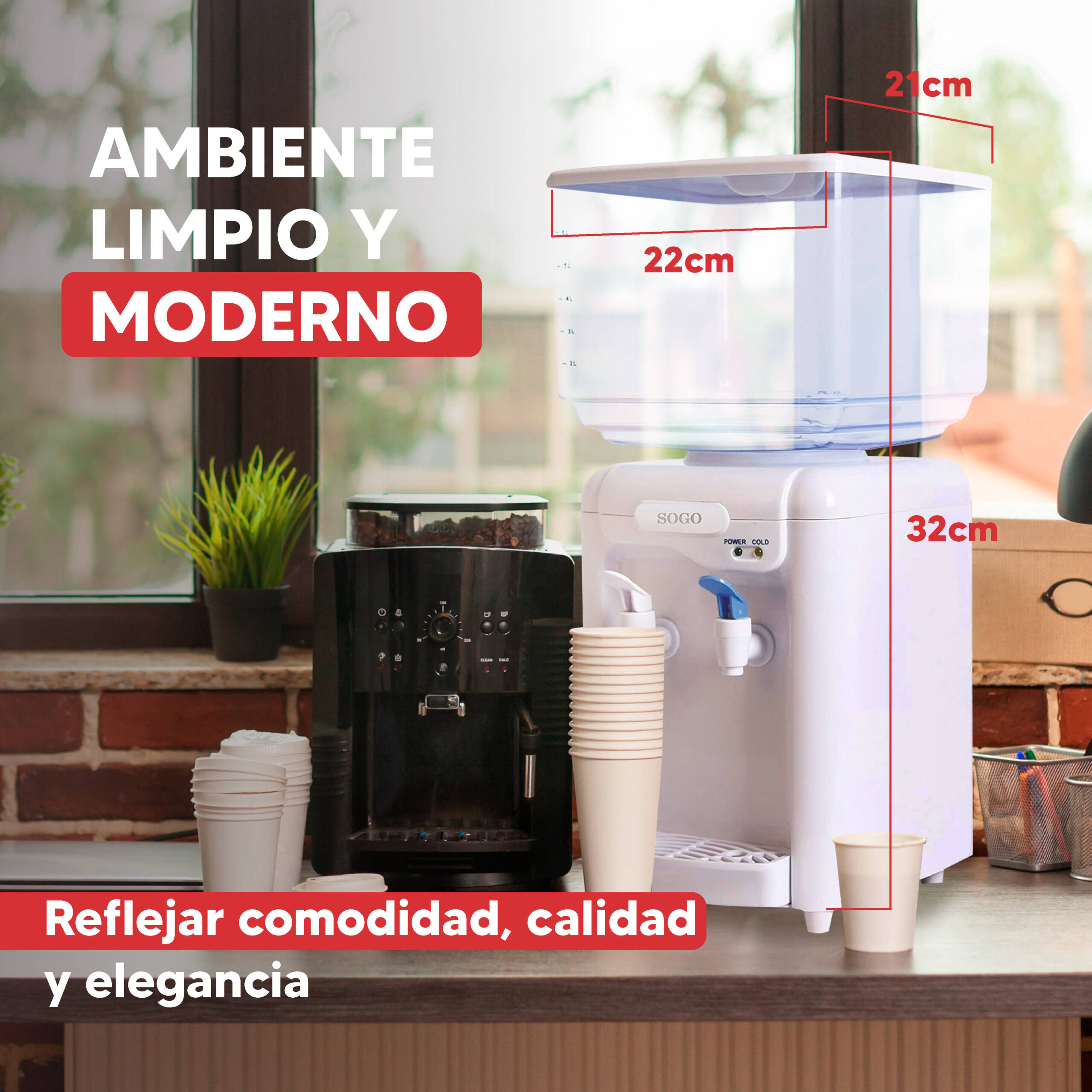 Un erogatore d'acqua bianco e una macchina da caffè sono uno accanto all'altro.