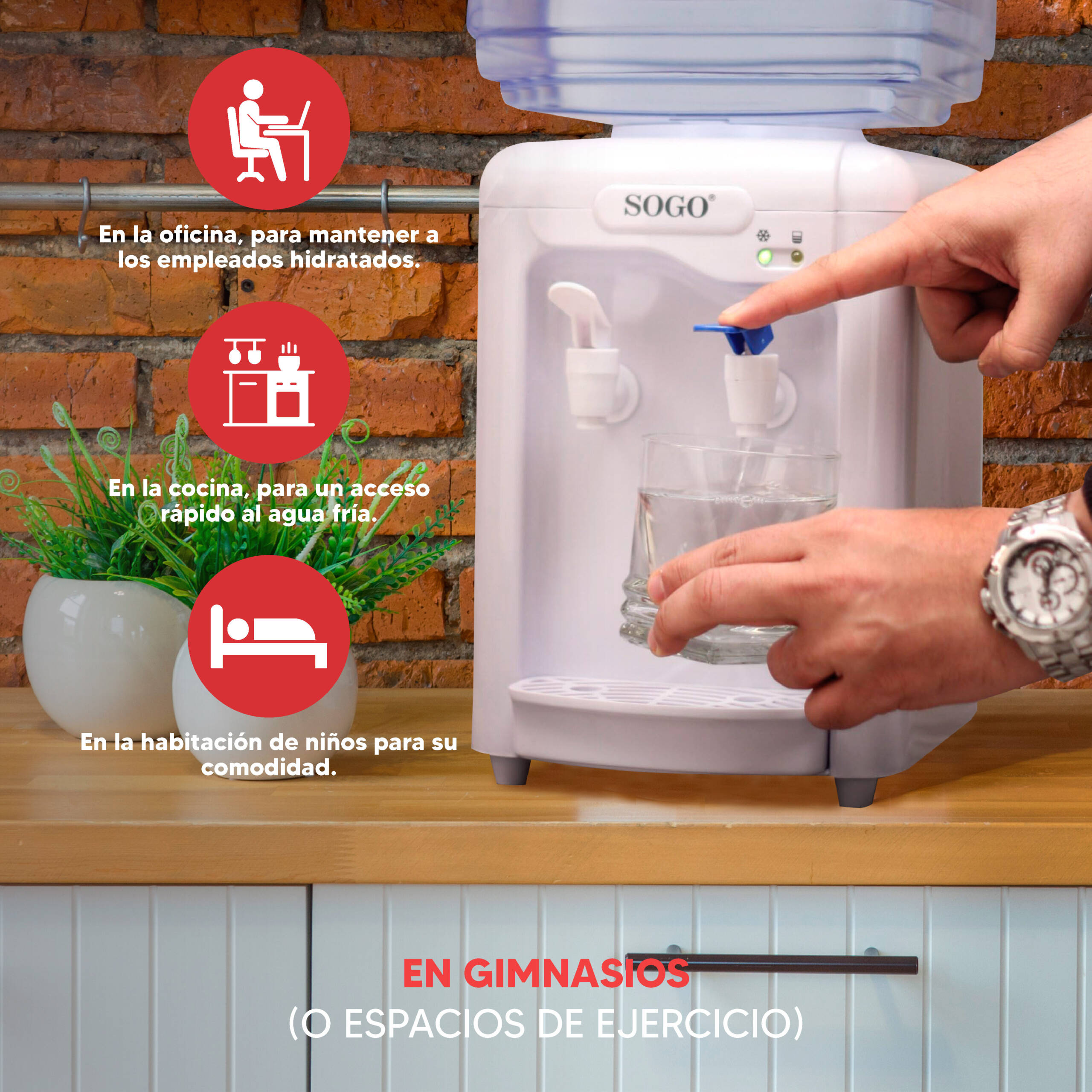 Un dispenser d'acqua con bicchiere azionato da mano. Icone mostrano uso ufficio.