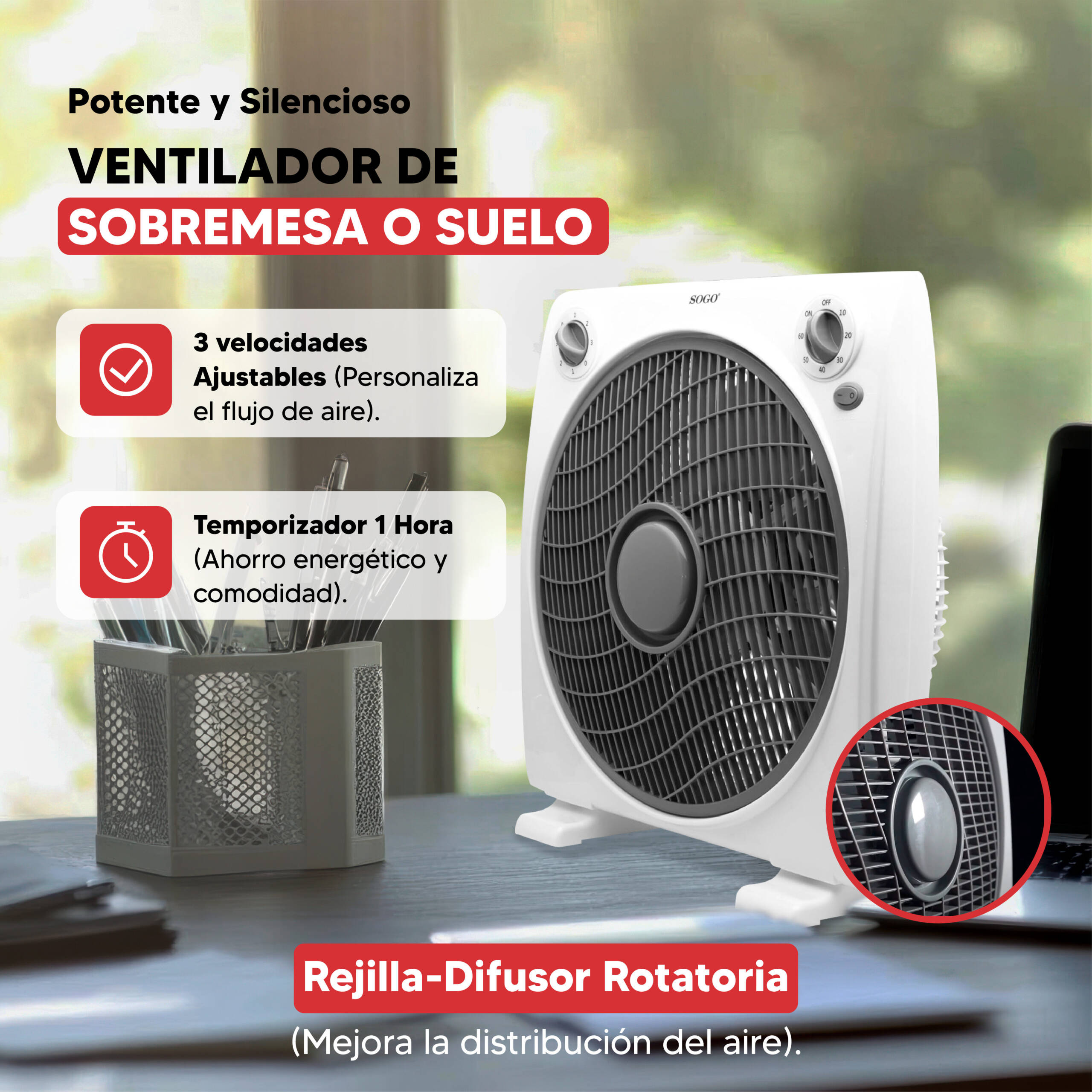 Un ventilatore da tavolo bianco con timer e controllo della velocità è su una scrivania.