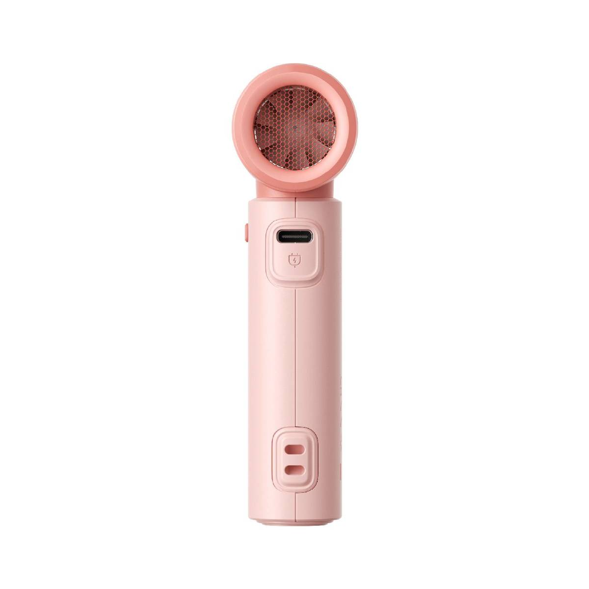 Un asciugacapelli rosa con testa rotonda e manico con pulsanti.