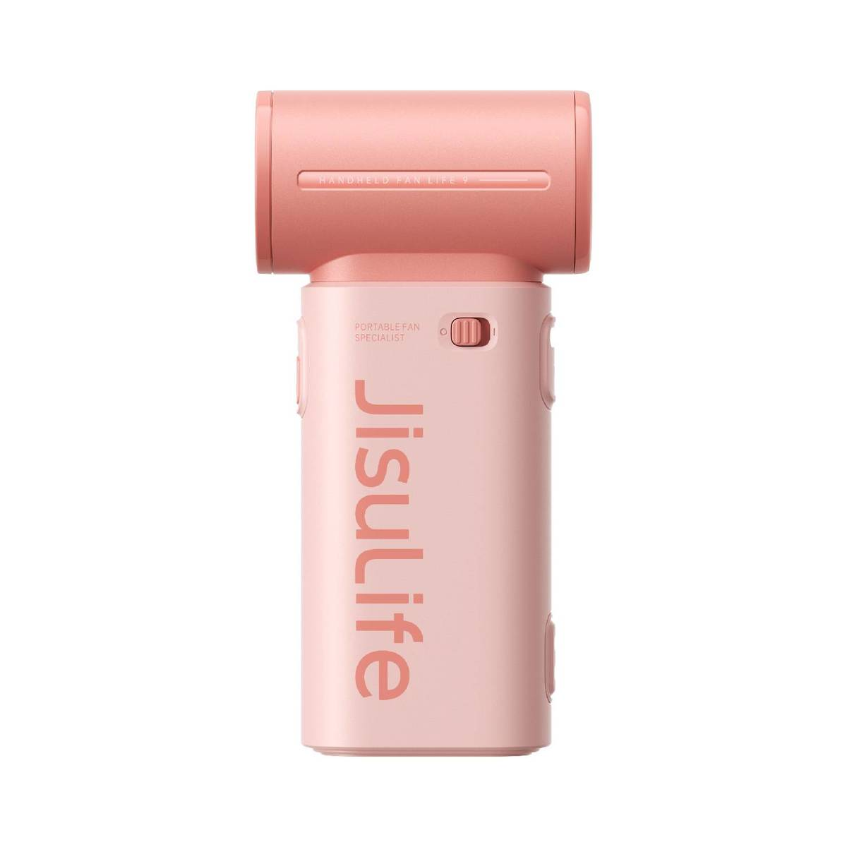 Un ventilatore portatile rosa con il logo sul manico.