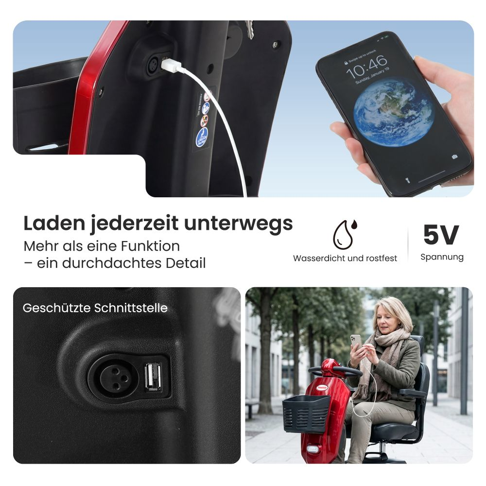 Uno scooter di mobilità rosso con porta di ricarica e telefono. Vista ravvicinata delle porte.