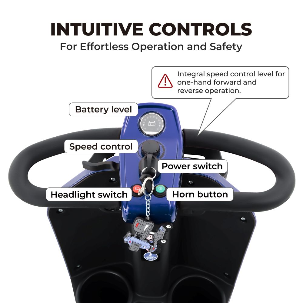 Comandi scooter con indicatore batteria, controllo velocità, interruttore fari, interruttore accensione e pulsante clacson.
