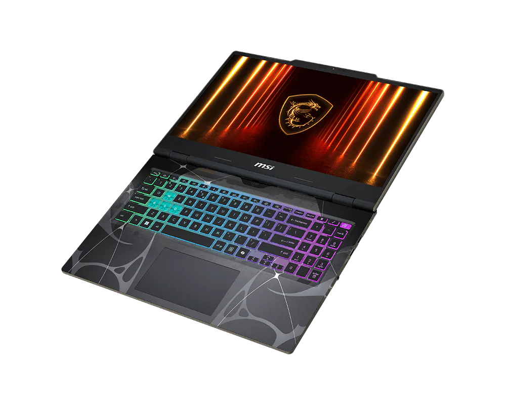 Un laptop MSI aperto con tastiera retroilluminata e logo del drago sullo schermo.