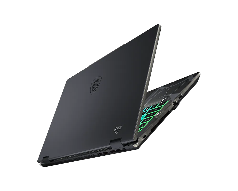 Un laptop nero con tastiera retroilluminata verde, mostrato di lato.