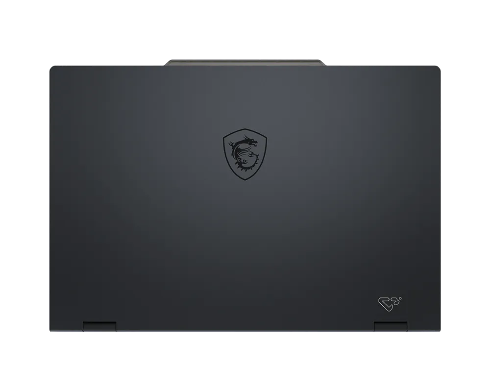 Laptop nero con logo del drago MSI e un piccolo simbolo in basso a destra.