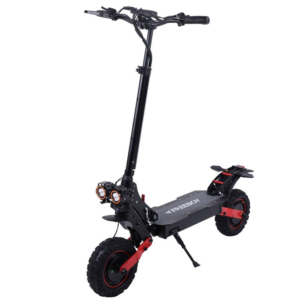 Monopattino elettrico nero con accenti rossi e due fari.