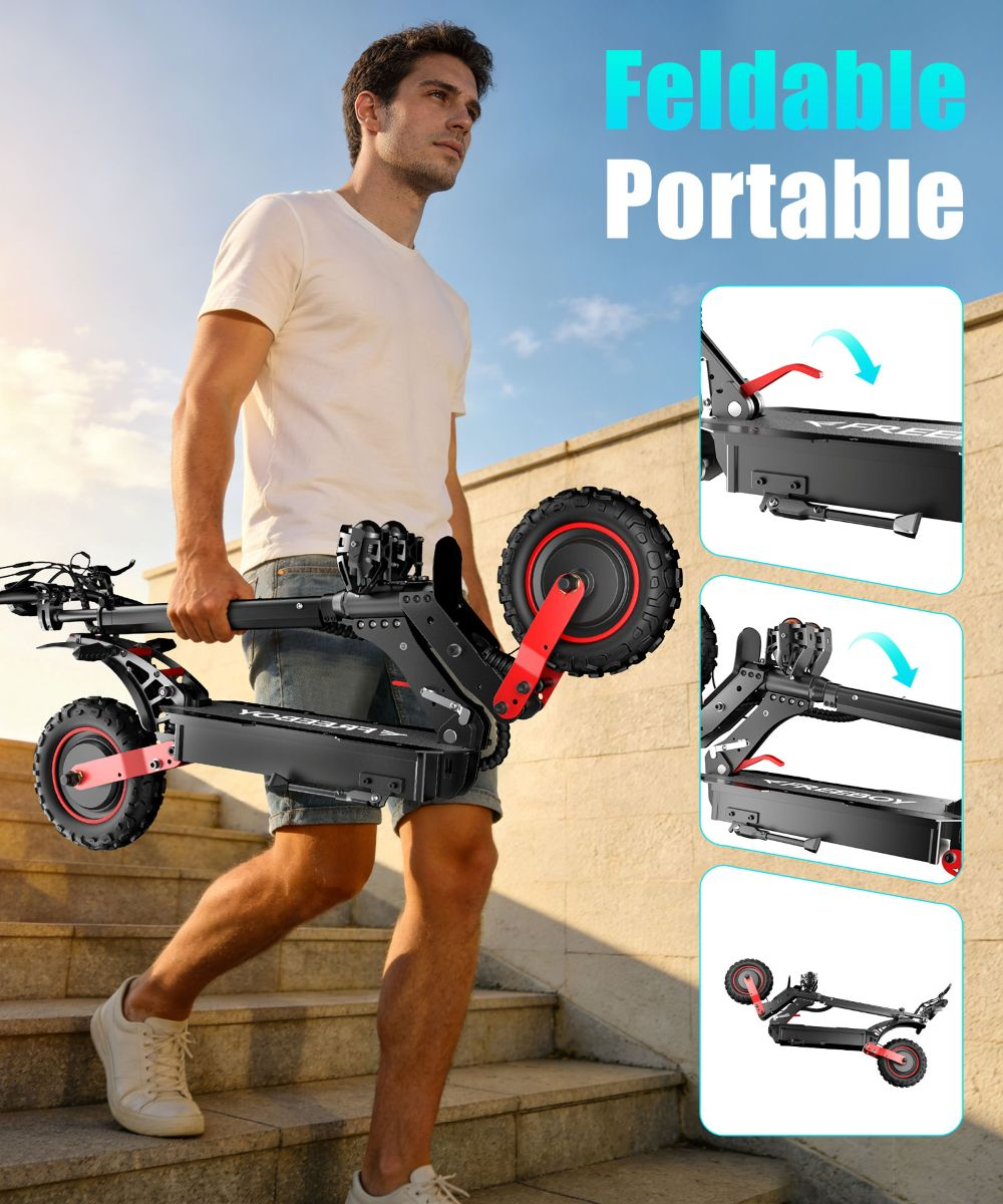 Uomo con monopattino elettrico pieghevole sale le scale.