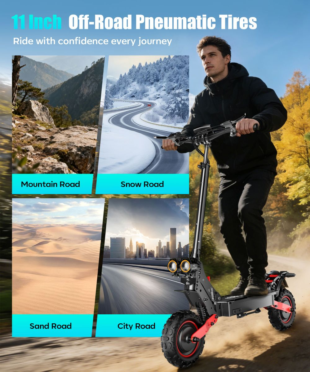 Uomo su monopattino elettrico con 4 scene stradali: montagna, neve, sabbia, città.