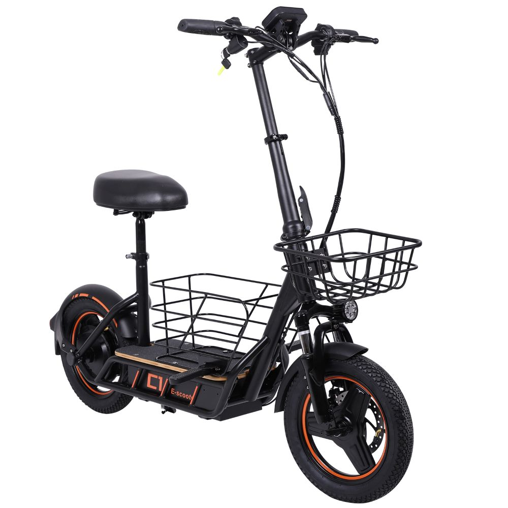 Monopattino elettrico nero con sedile, cestino anteriore e display.