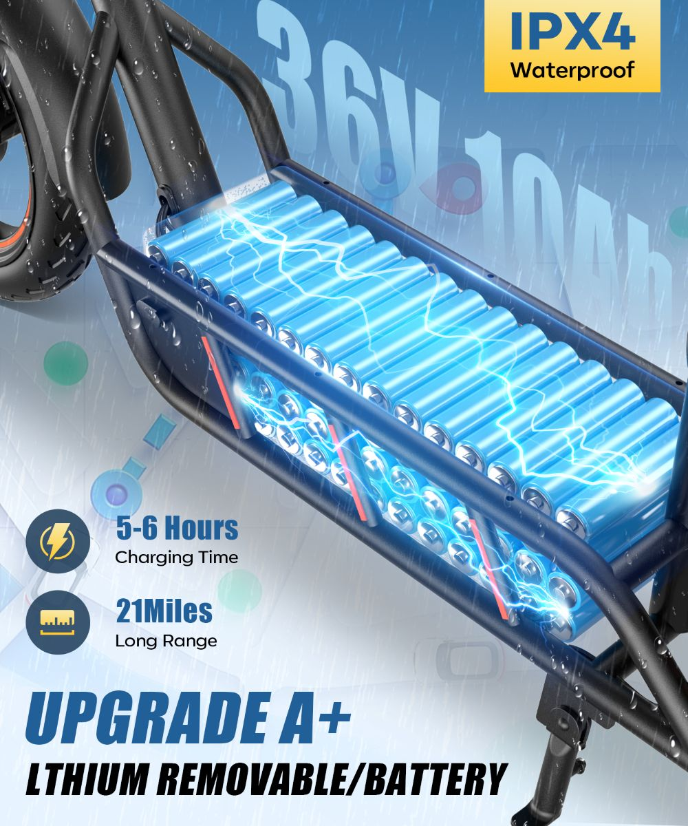 Batteria bici elettrica, 36V, 10Ah, IPX4 impermeabile, 5-6h carica, 21 miglia autonomia.
