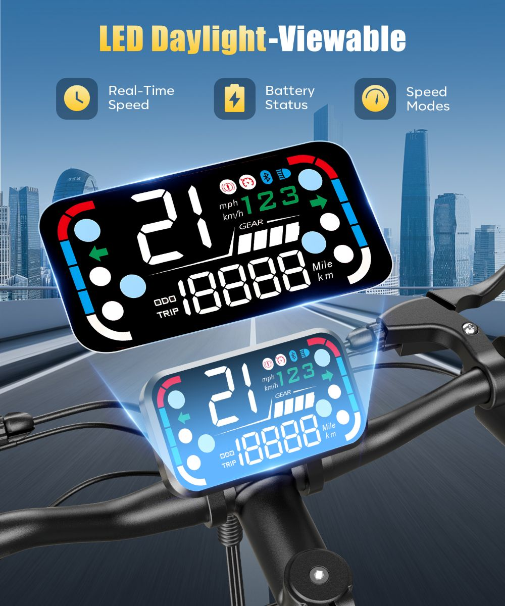 Il display LED mostra velocità 21, contachilometri 18888, stato batteria e marcia.