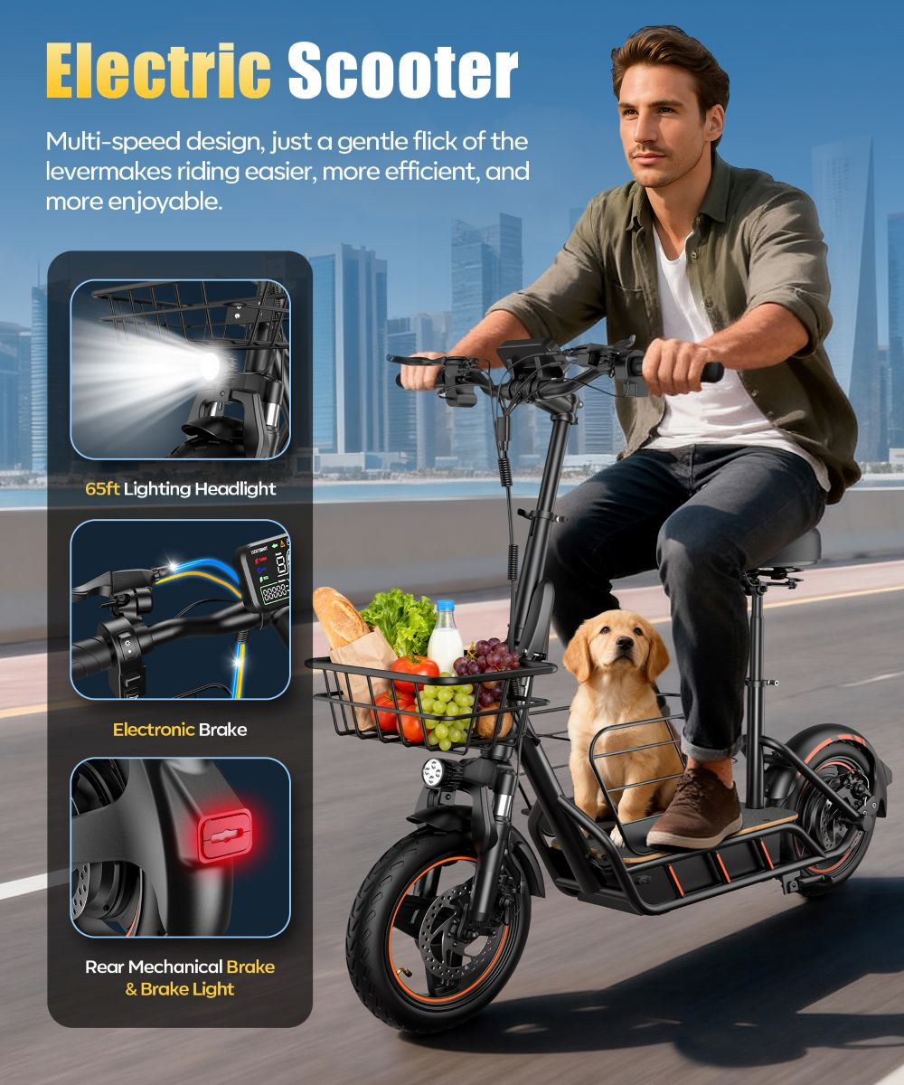 Un uomo guida un monopattino elettrico nero con un cane e generi alimentari nel cestino.