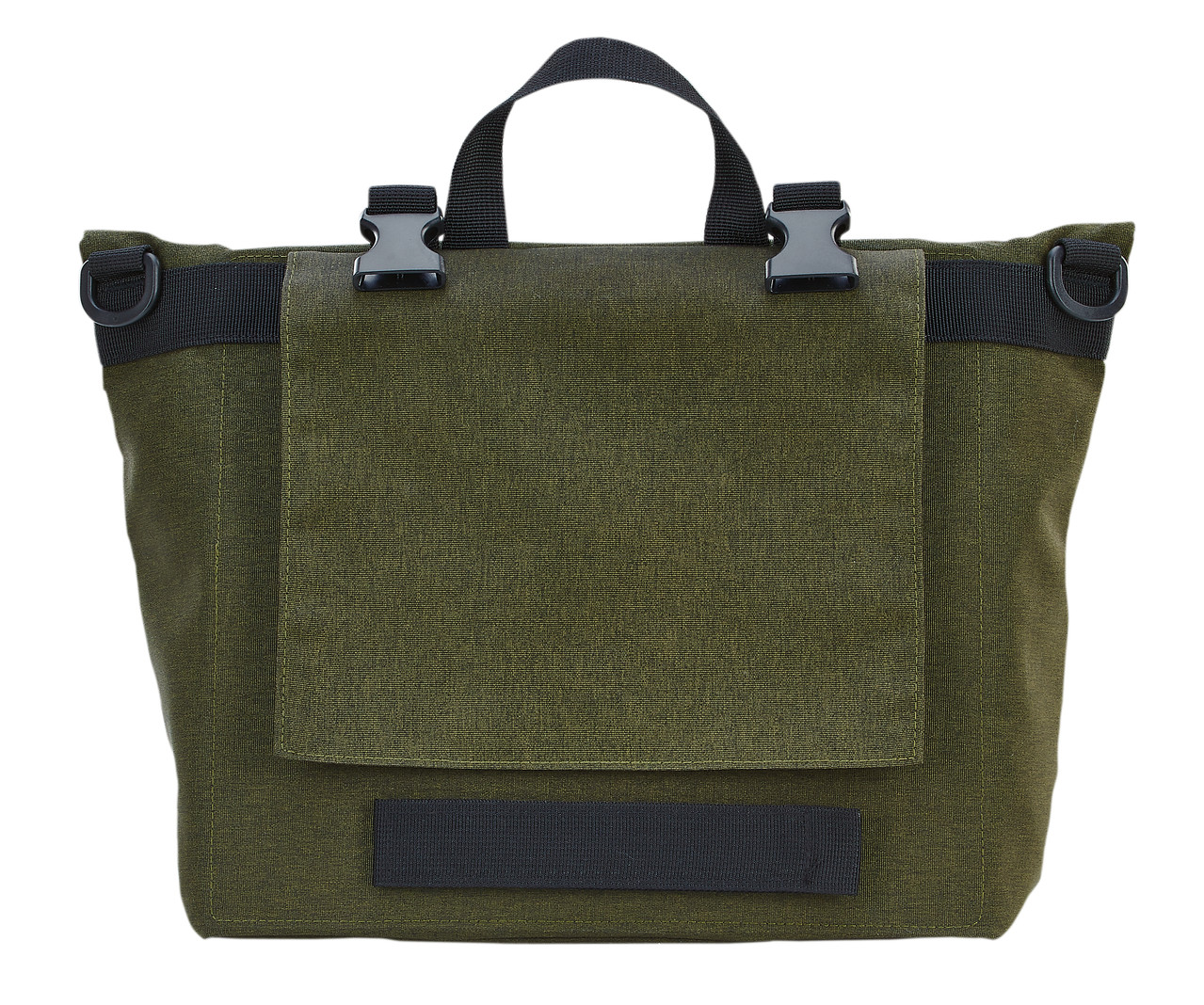 Grüne Stofftasche mit schwarzen Trägern und Schnallen.