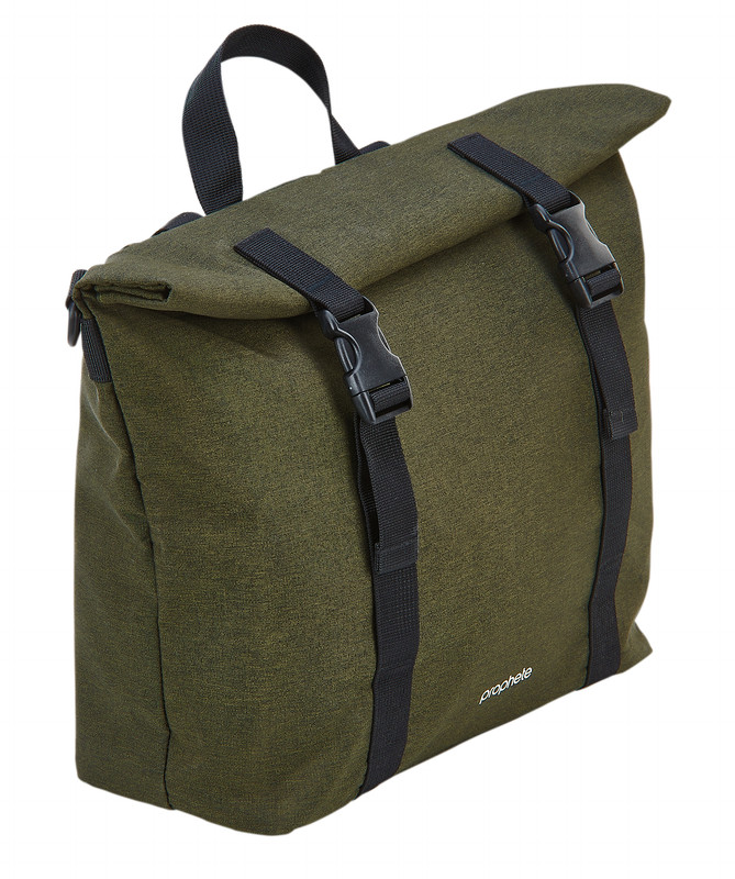 Eine olivgrüne Tasche mit schwarzen Schnallen und Trägern.