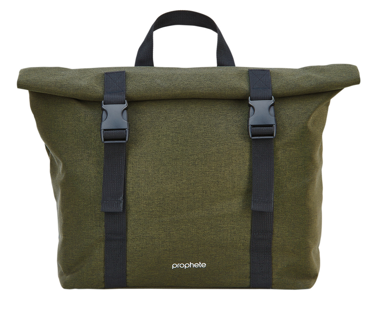 Grüne Tasche mit schwarzen Schnallen und Henkel, weißer Hintergrund.