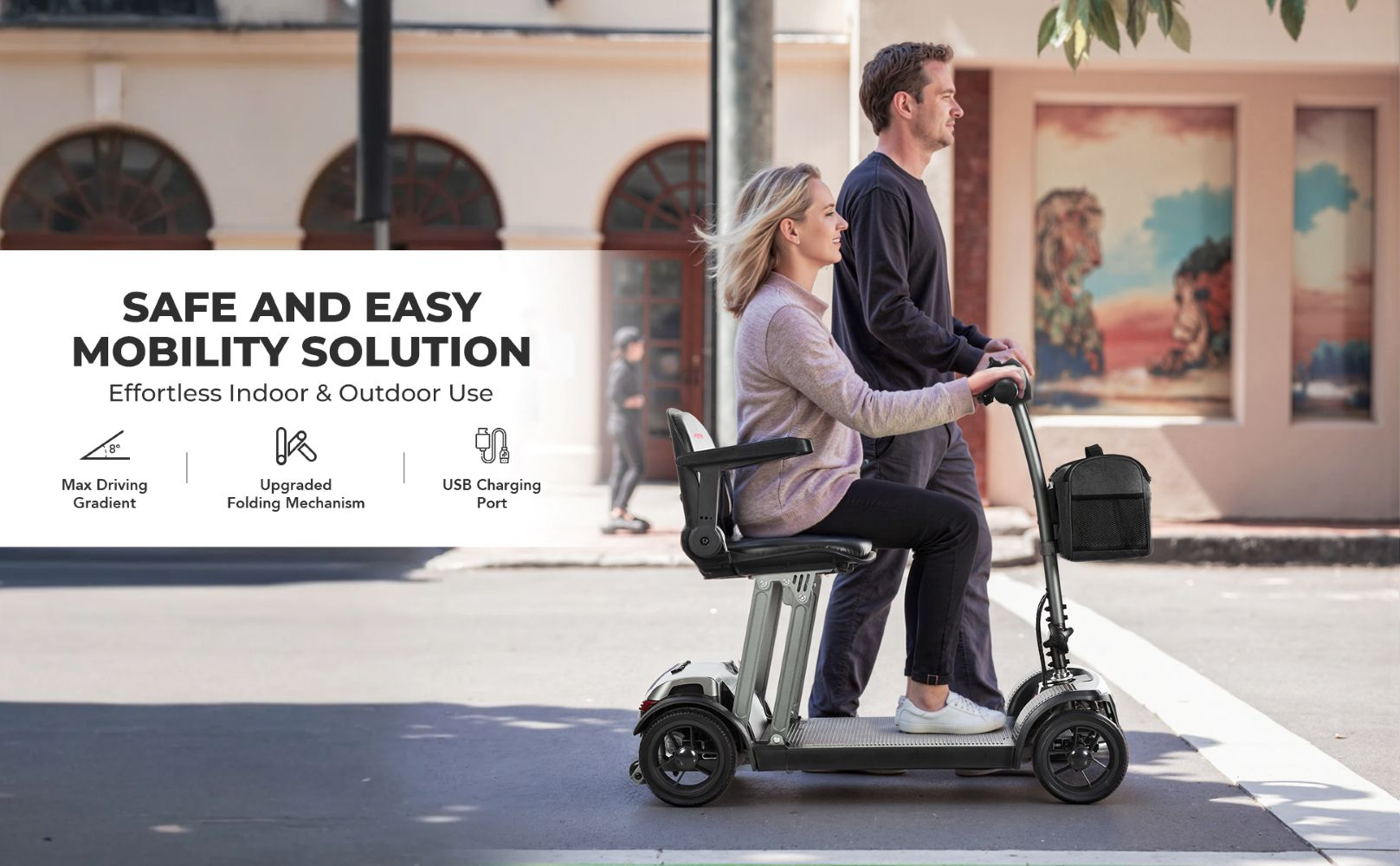 Un uomo e una donna guidano uno scooter per la mobilità in strada. Il testo evidenzia le caratteristiche.