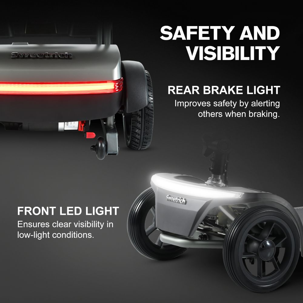 Scooter di mobilità con luce LED anteriore e luce freno posteriore per sicurezza e visibilità.