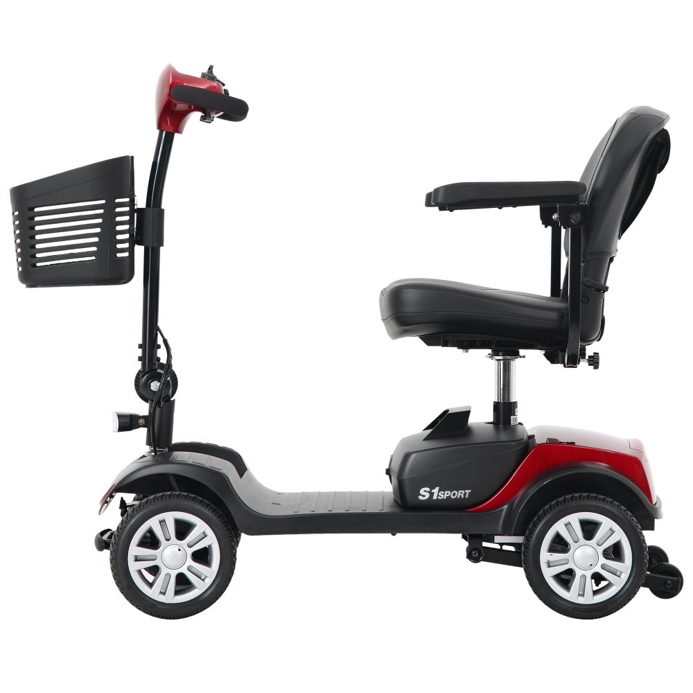 Scooter per la mobilità rosso e nero con cestino e sedile nero, vista laterale.