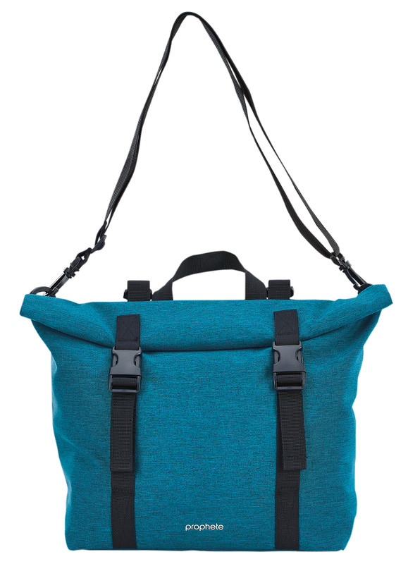 Eine türkise Tasche mit schwarzen Riemen und Schnallen, ein Henkel oben.