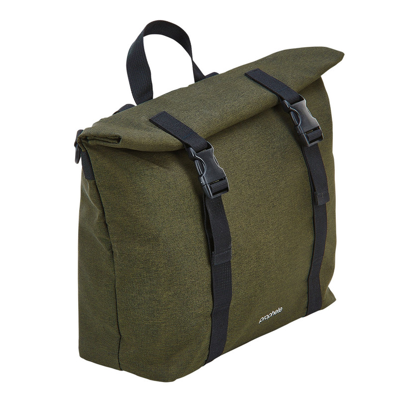 Grüne Tasche mit schwarzem Riemen und Schnallen, auf weißem Hintergrund.