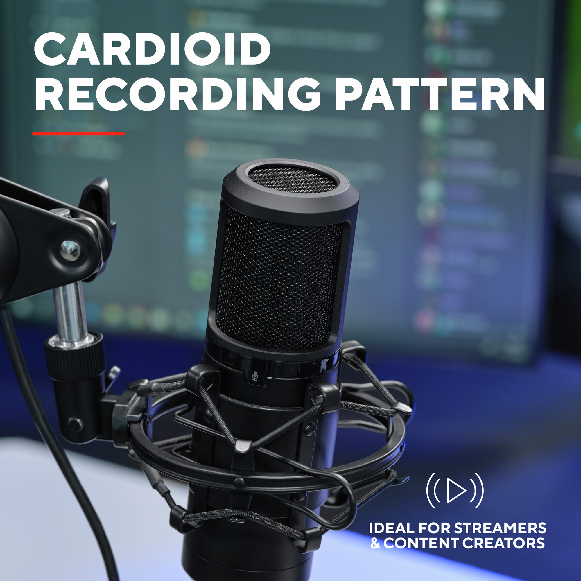 Schwarzes Nierenmikrofon auf Ständer, Text 'Cardioid Recording Pattern'.