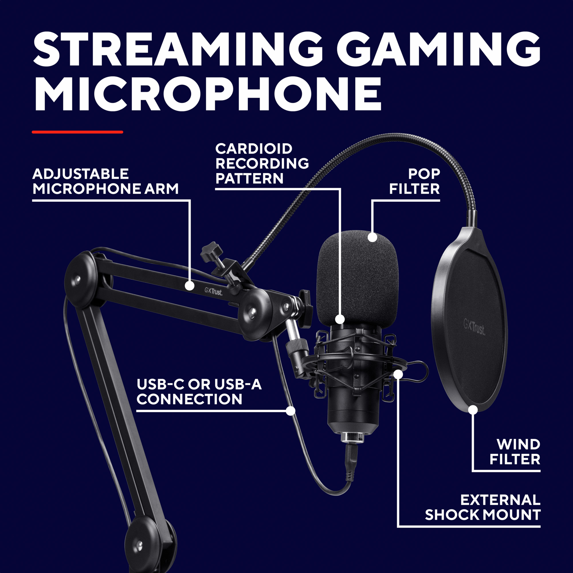 Streaming-Mikrofon mit verstellbarem Arm, Popfilter und Shock Mount.