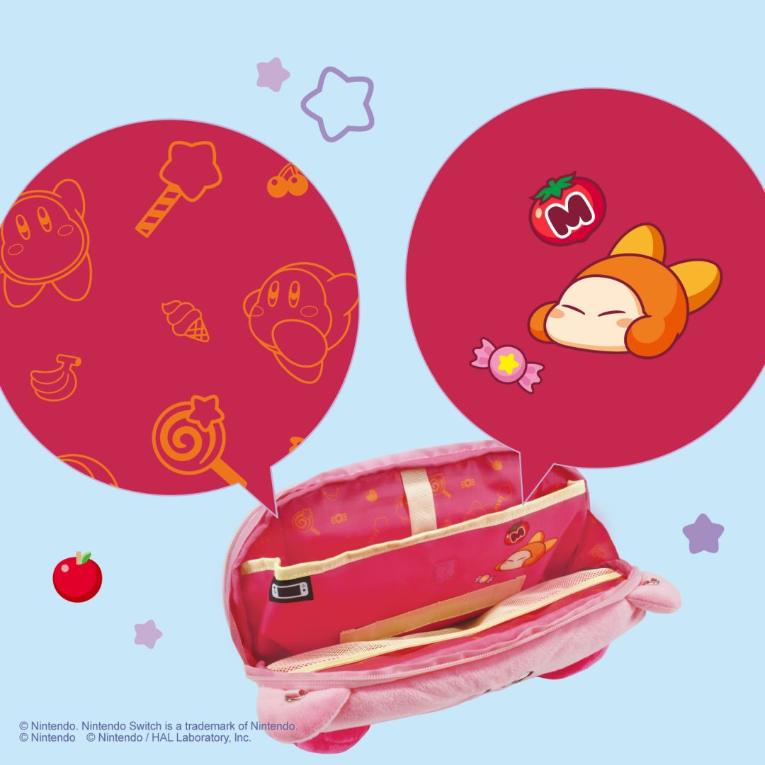 Una bolsa rosa de Kirby con patrones de Kirby y dulces.