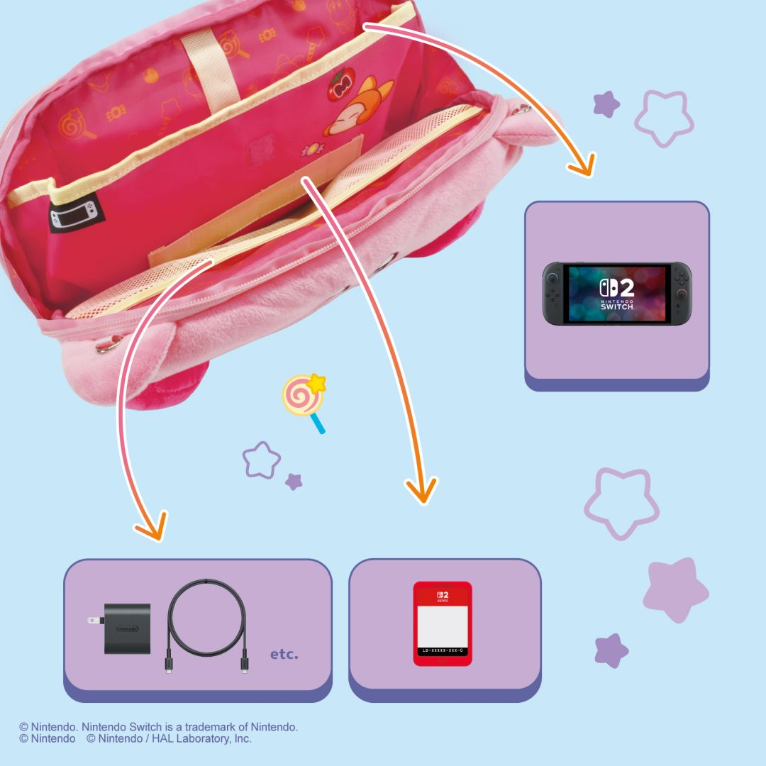 Mochila rosa con Nintendo Switch, cargador, tarjeta de juego y amuleto de piruleta.