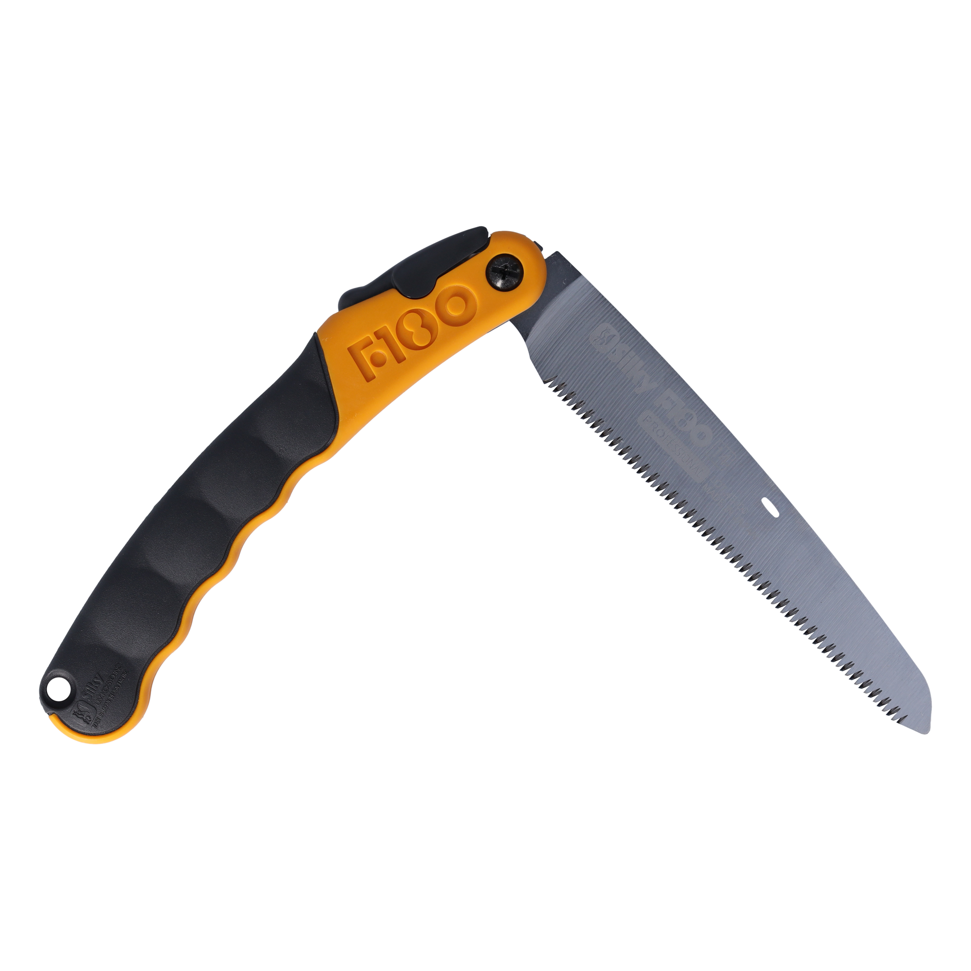 Eine orange-schwarze Klappsäge mit gezahntem Blatt, Modell F100.