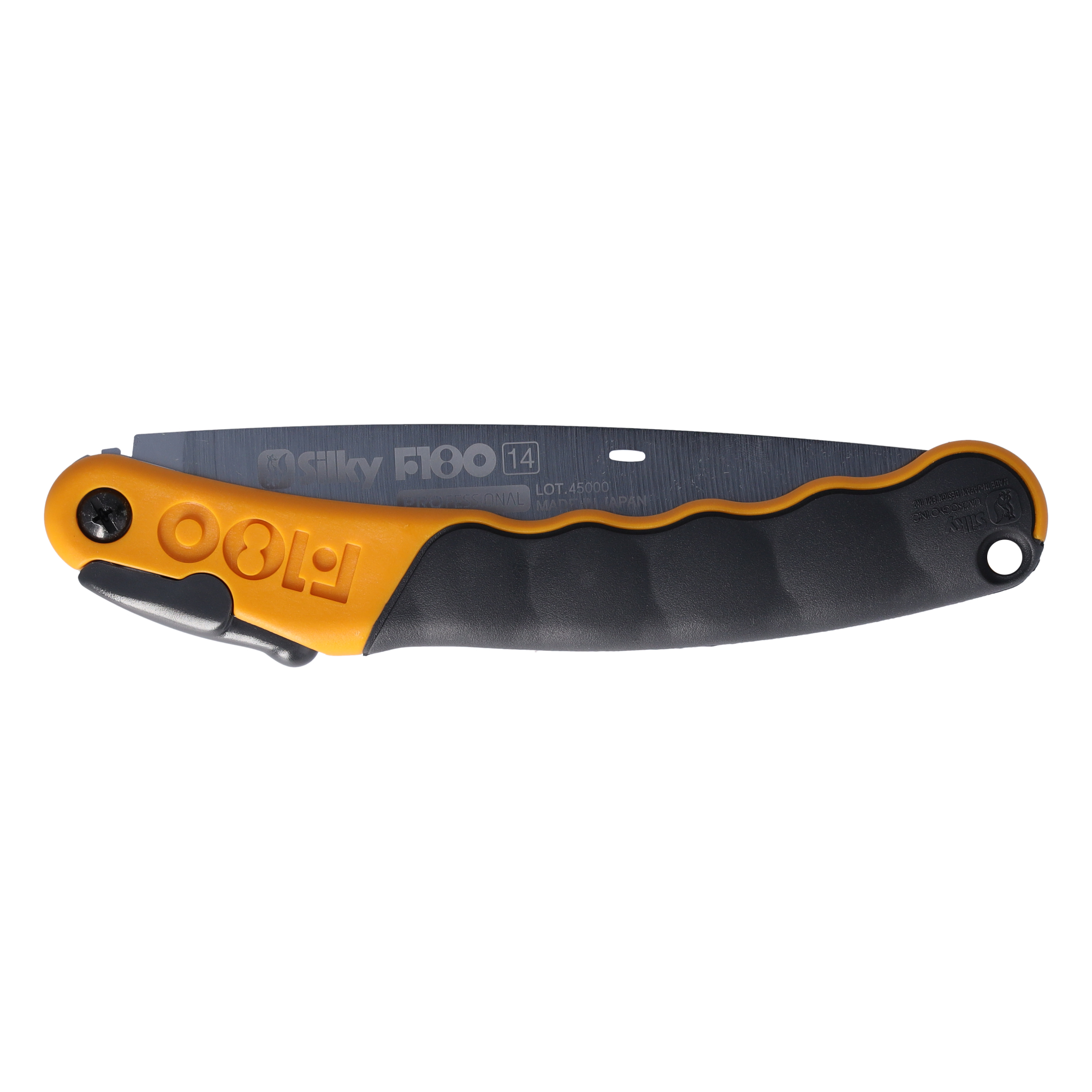 Eine orange-schwarze Klappsäge mit einer Metallklinge und einem ergonomischen Griff.
