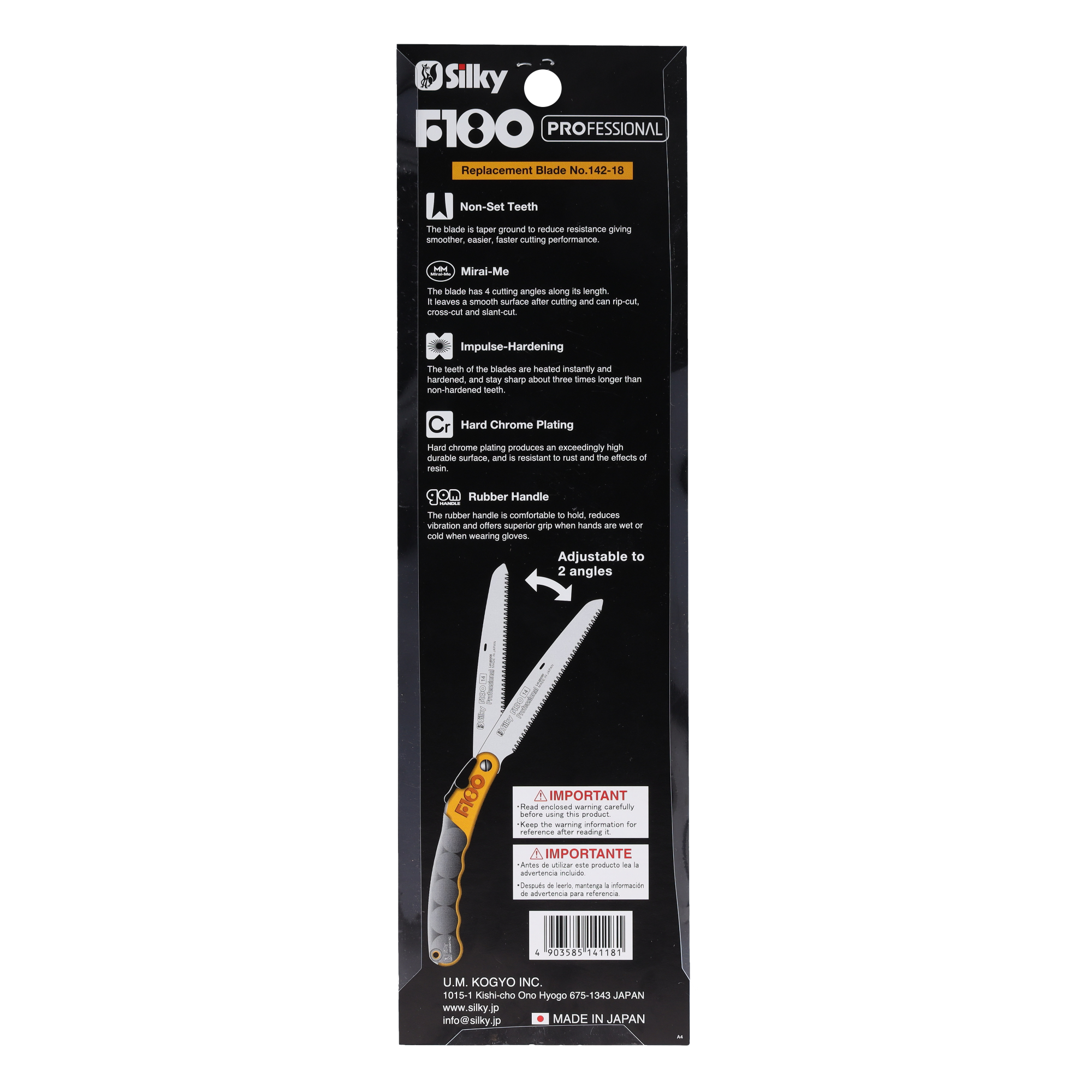 Verpackung mit Silky F100 Sägeblatt, Funktionen und Warnhinweisen.