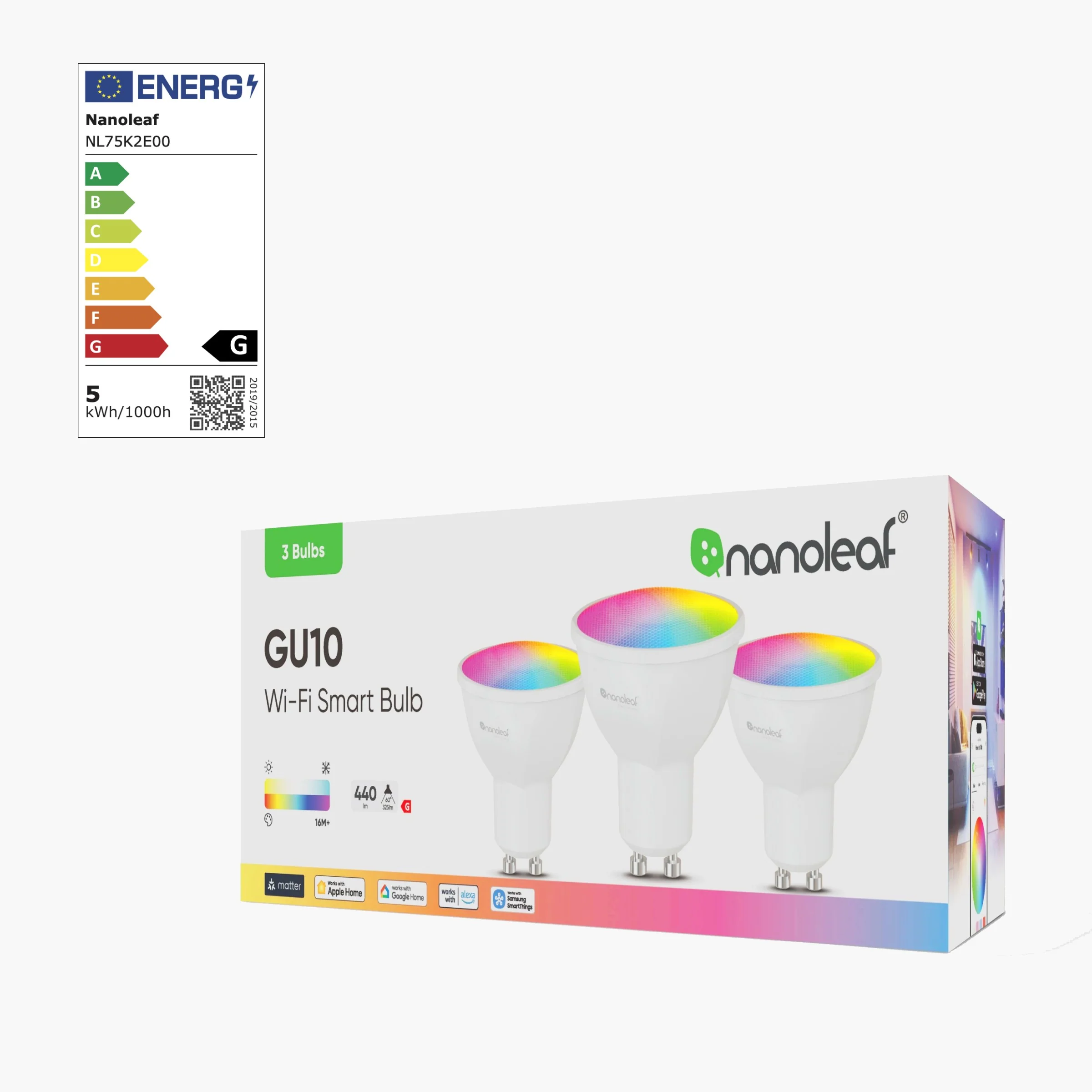 Lampadine Smart Wi-Fi Nanoleaf GU10, classe energetica G. Include 3 lampadine, 16M colori.