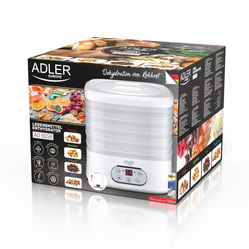 Un essiccatore alimentare bianco ADLER con 5 vassoi, modello AD 6658, sulla confezione.