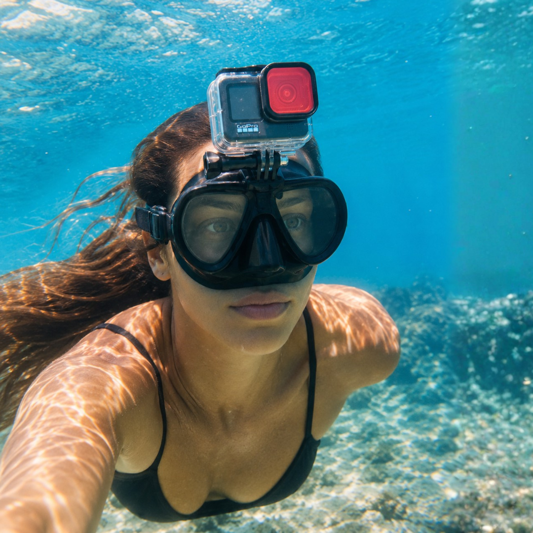 Vrouw in zwart bikinionderwater met masker en GoPro camera.