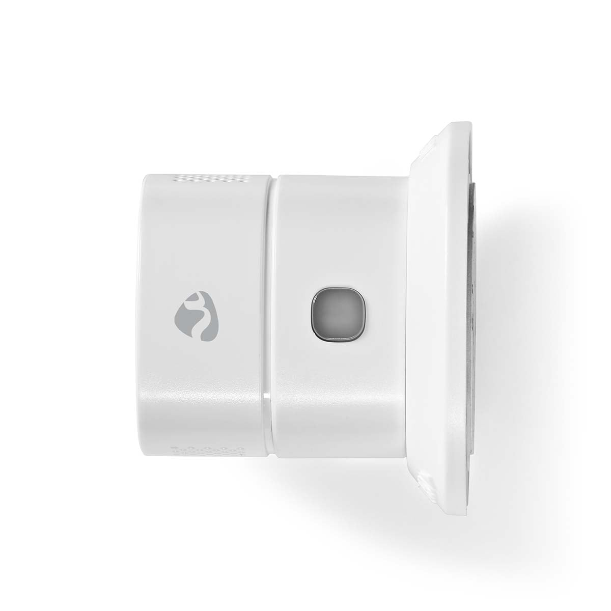 Een wit apparaat met een grijze knop en logo op een witte achtergrond.