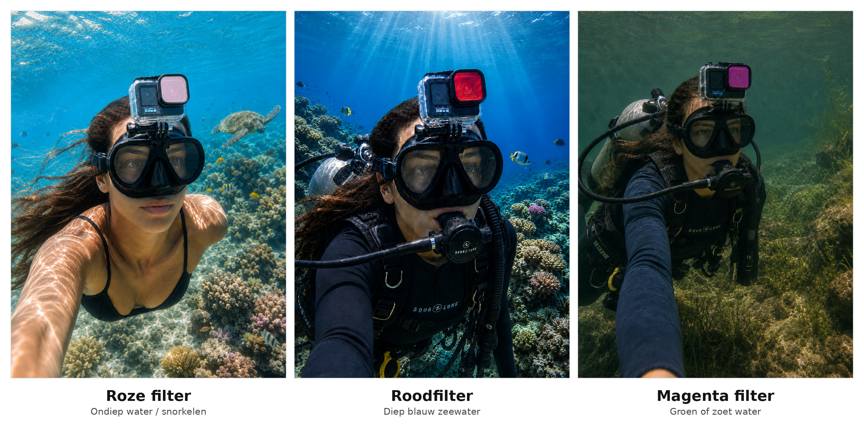 A snorkeler with a GoPro camera on their head swims in clear water.