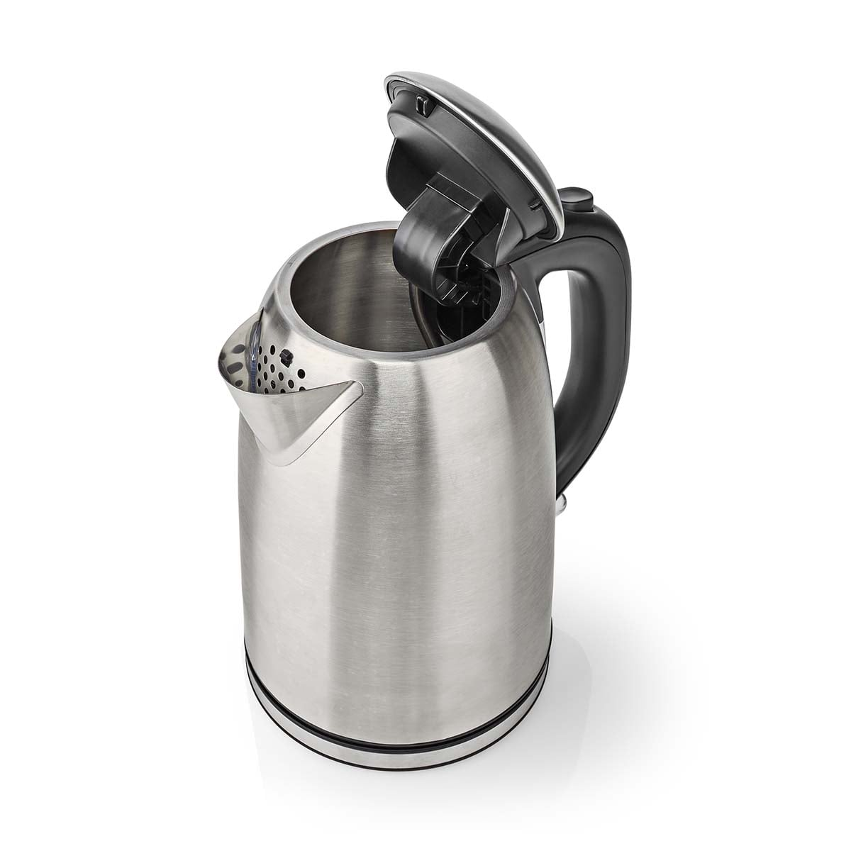 Ein offener Edelstahl-Wasserkocher mit schwarzem Griff und Deckel, auf weißem Hintergrund.